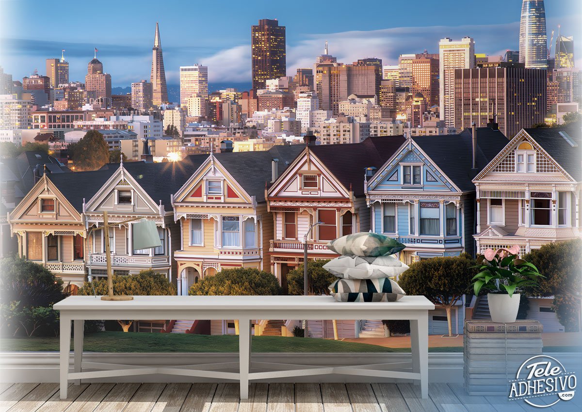 Wall Murals: Victorian Houses in San Francisco at Sunset