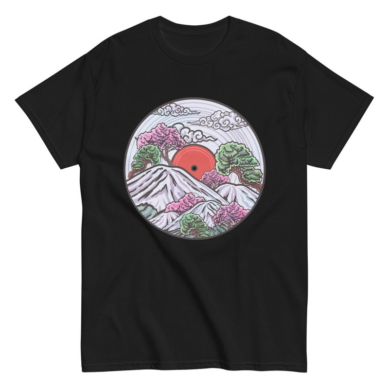 T-shirts: T-shirt with Vinyl Record and Japanese Landscape