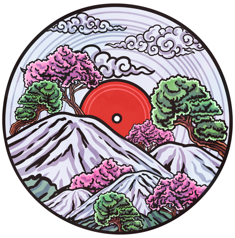 T-shirts: T-shirt with Vinyl Record and Japanese Landscape