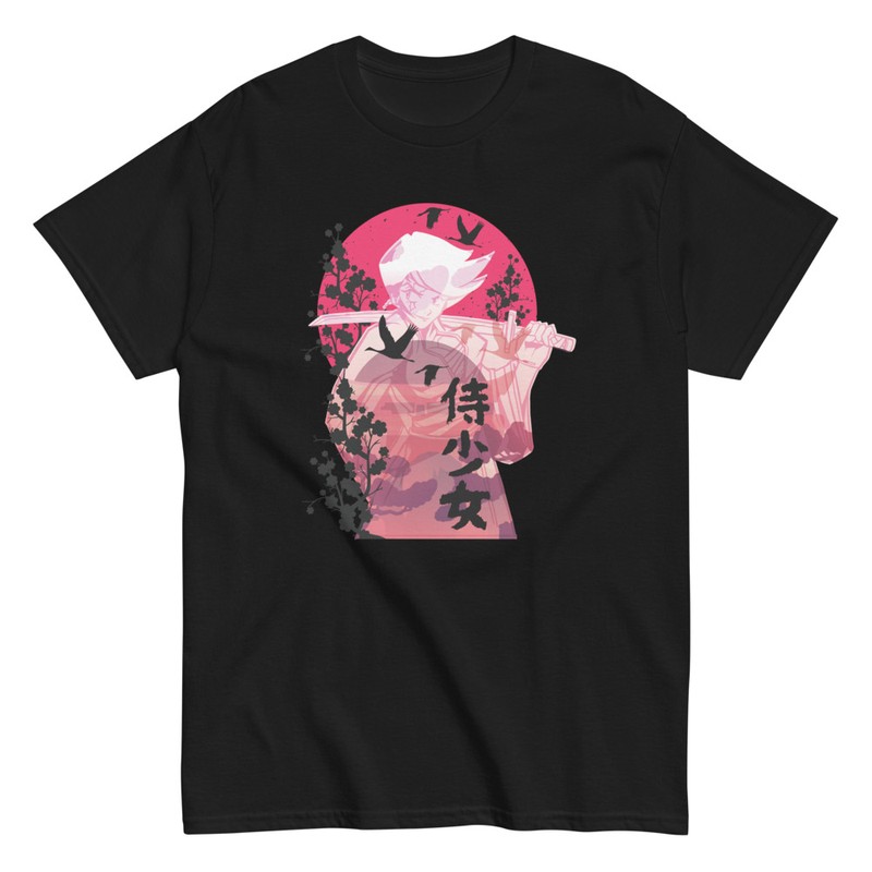 T-shirts: Anime T-shirt with Katana and Japanese Cherry Blos