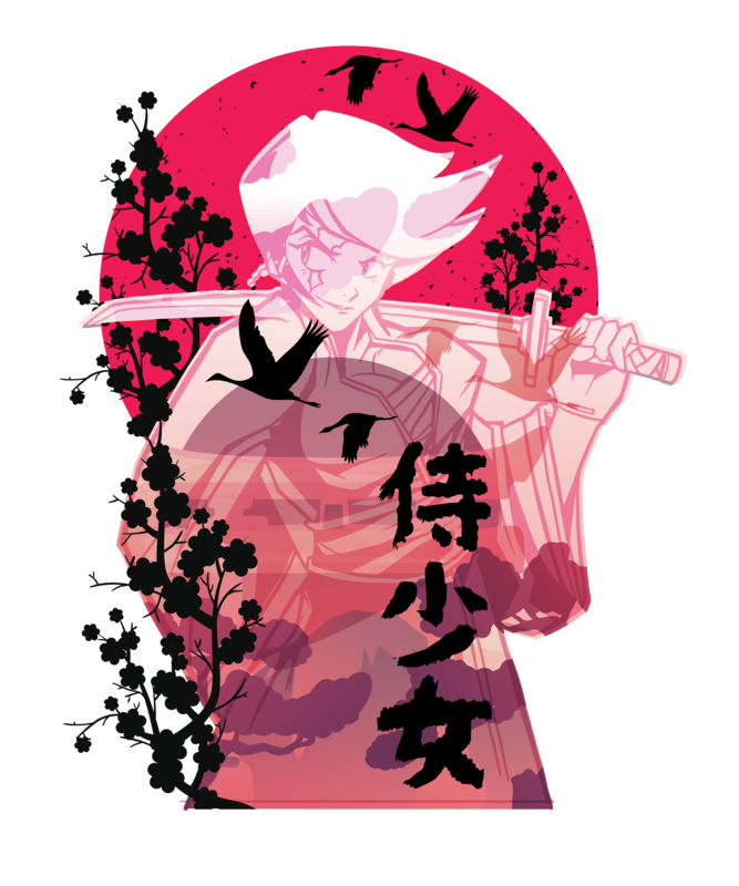 T-shirts: Anime T-shirt with Katana and Japanese Cherry Blos