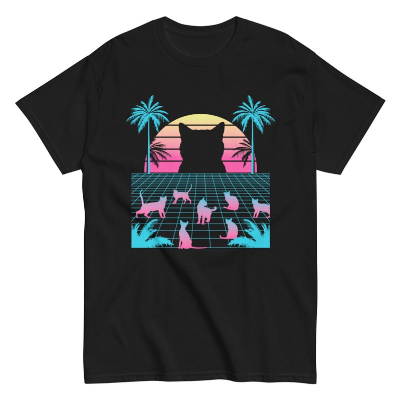 T-shirts: Vaporwave T-shirt with Cats and Palm Trees