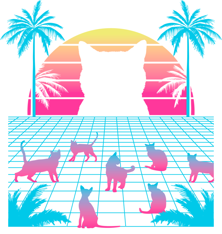 T-shirts: Vaporwave T-shirt with Cats and Palm Trees