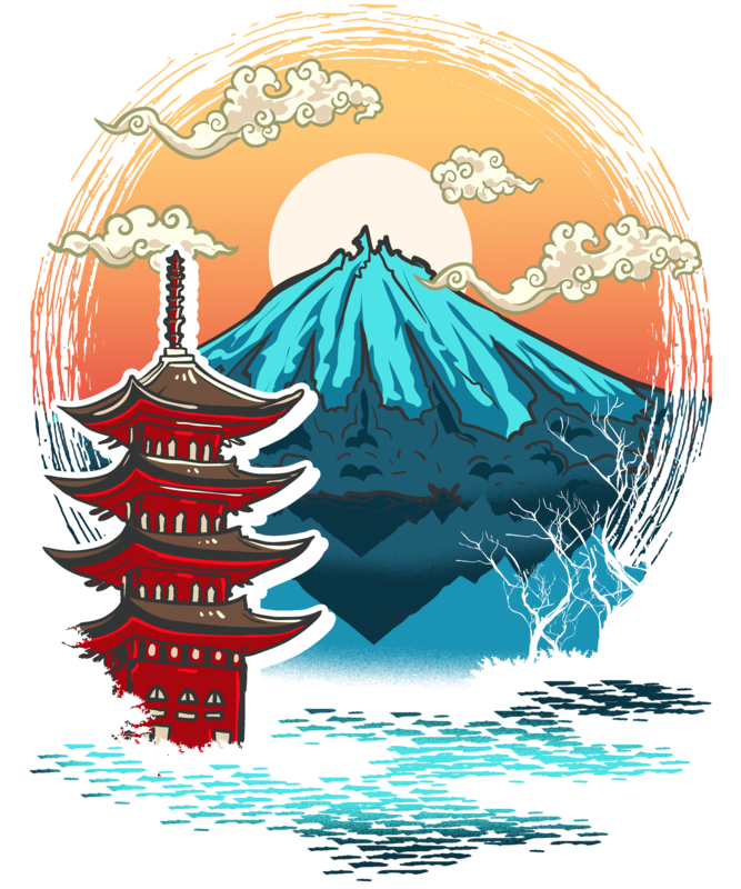 T-shirts: Vintage Japan T-shirt with Mount Fuji and Temple