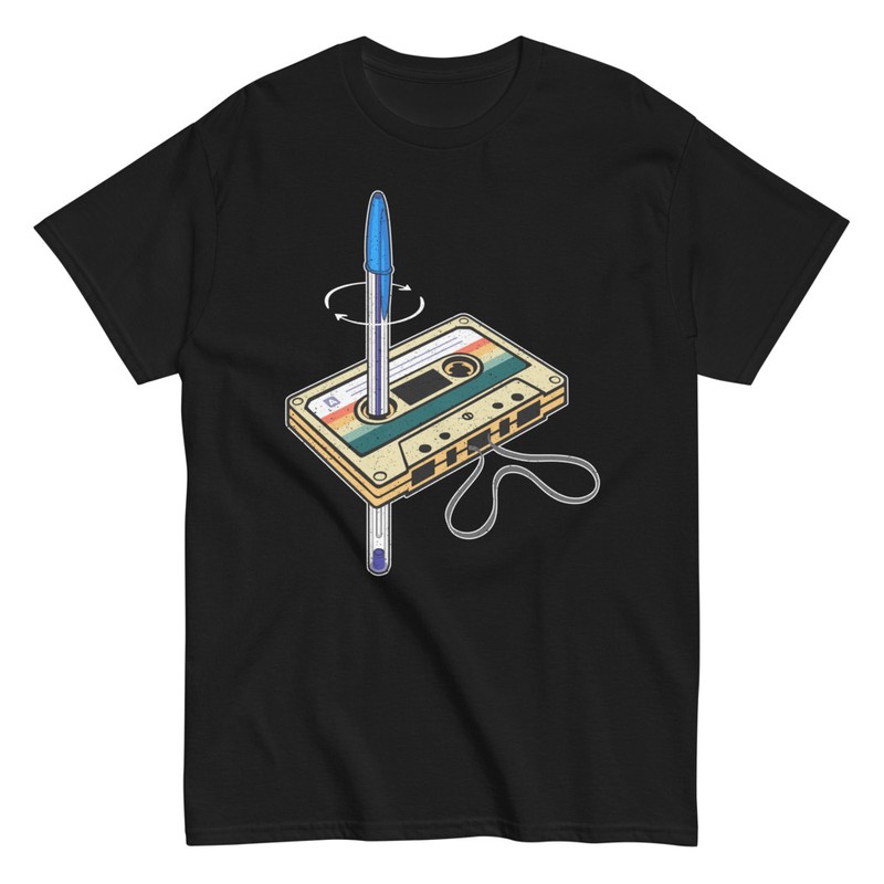 T-shirts: Graphic tee of cassette and Bic pen