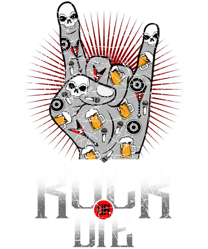 T-shirts: Rock or Die Skull and Beer Horns Hand T-Shirt