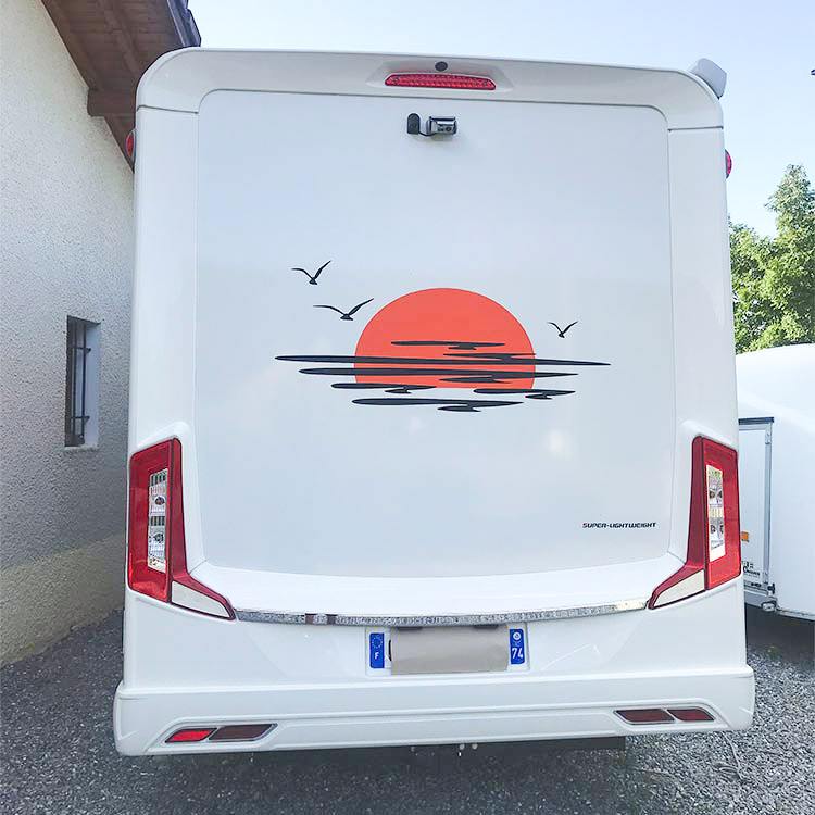 Camper van decals: Sunset among clouds and birds